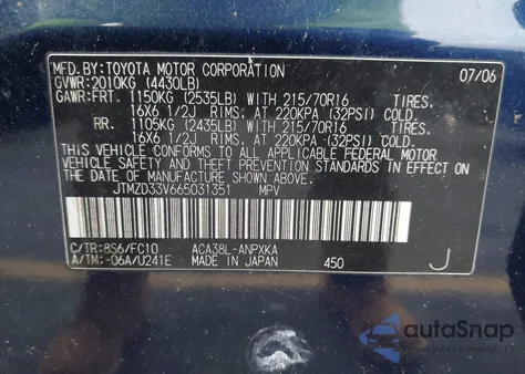 2006 Toyota Rav4 z USA, uszkodzony, nr VIN JTMZD33V665031351